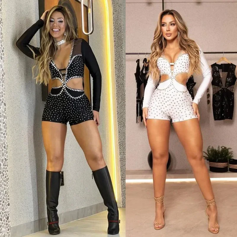 

2024 New Sexy Women's Clothing Hot Drilling Hollow Stretch See-through Jumpsuit Bodysuits Shorts Pants