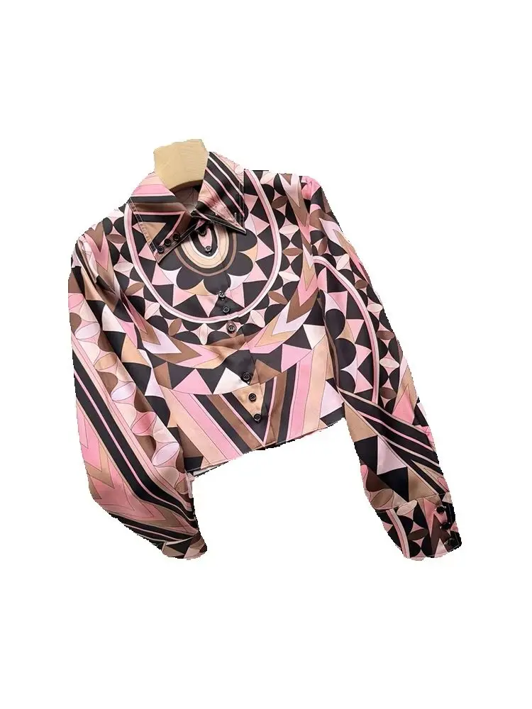 Spring Summer Fashion Geometric Pattern Print Short Style Blouses Women's Turn-down Collar Single Breasted Long Sleeve Shirt