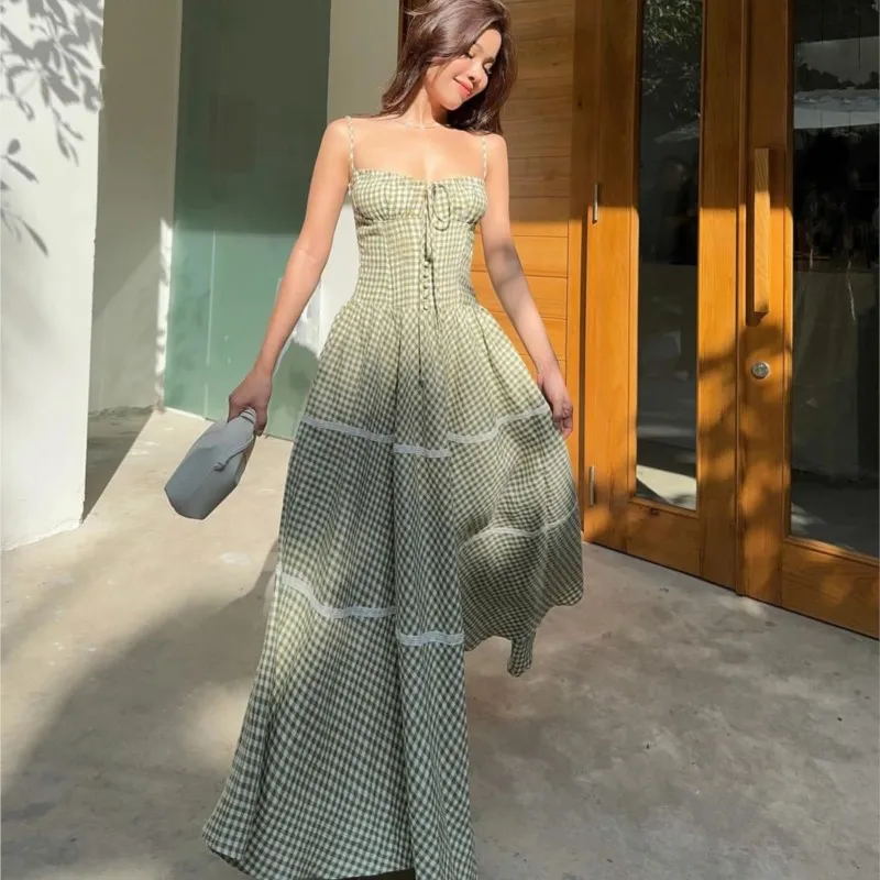 2025 Holiday Style Summer Women's Dress Lace Splicing Sweet Lace Waist Back Green Plaid Dresses Elegant Fashion Long Dress