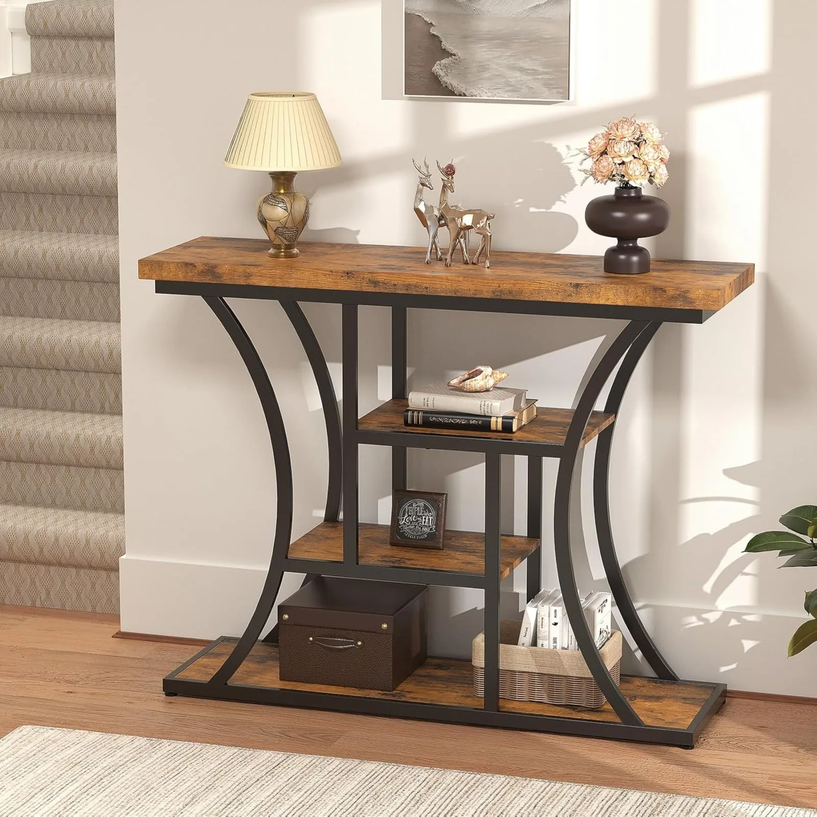 

41.3" Industrial 4 - Tier ole Table with Curved Metal e, Narrow Long Soa Table & Entryway Table with Storage Shelves or Living R