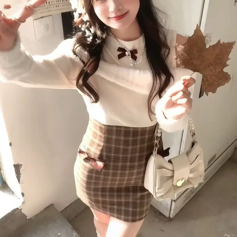 Vestido japonés elegante de Lolita para mujer, vestido Kawaii con lazo y hombros descubiertos, vestidos a cuadros de retales de manga larga, vestido de princesa de fiesta Y2k