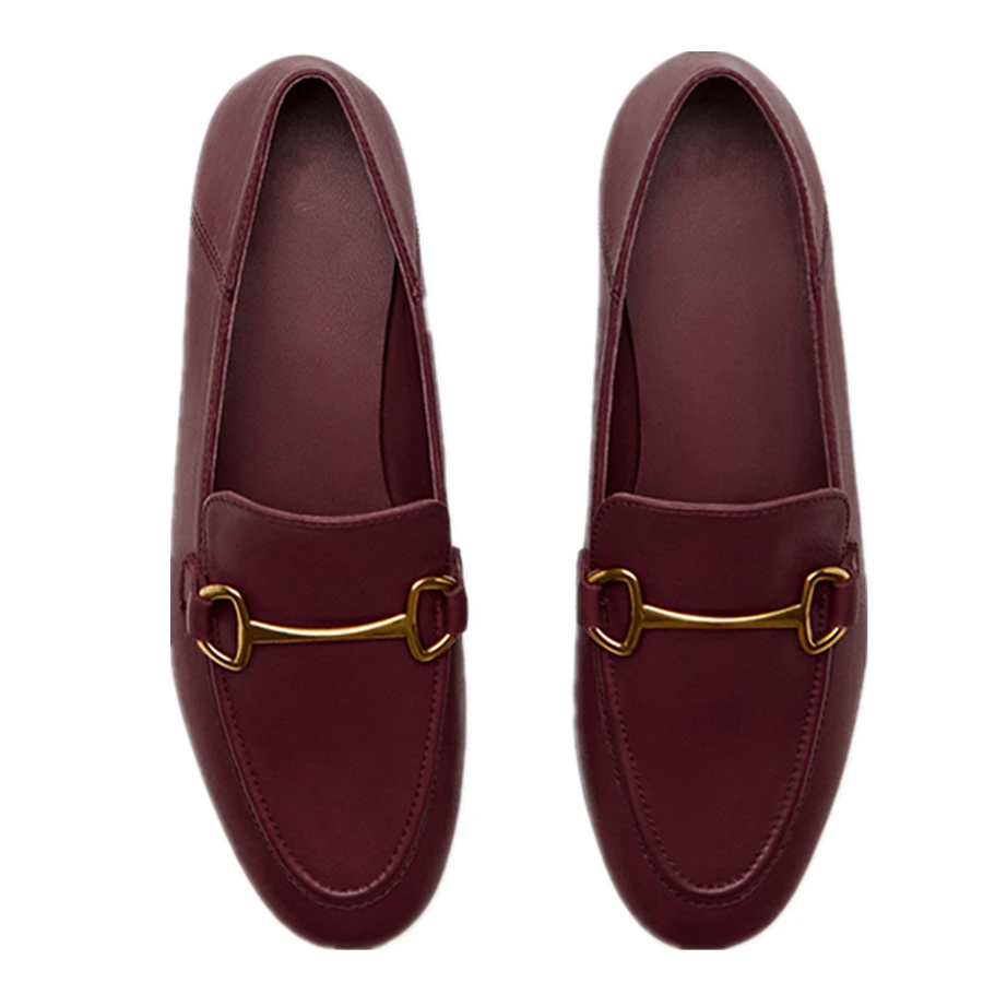 Dave&Di French Elegant Office Lady Fashion Simple Soft Shoes Women Genuine Leather Gold Buckle Flat Shoes Slip-On Loafers Shoes