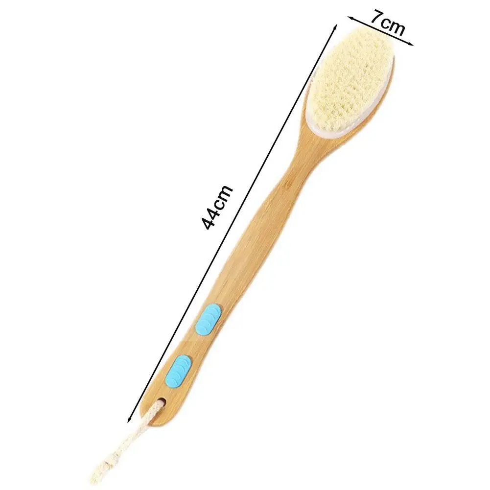 Escova de chuveiro de bambu com cerdas macias e rígidas, alça longa dupla face para banho, purificador traseiro, esfoliante corporal, escova úmida ou seca