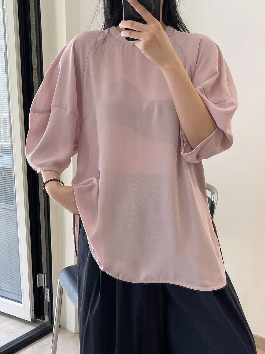 Summer women's casual solid color round neck lantern sleeve loose fitting shirt