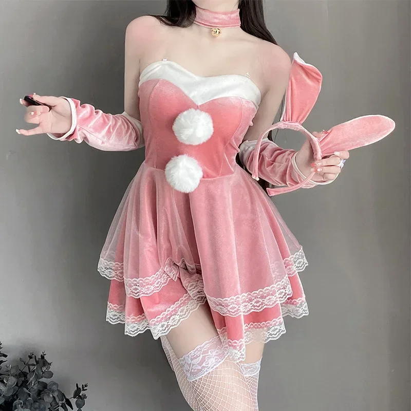 Christmas Maid Cosplay Costumes Lady Santa Claus Velvet Dress Sexy Lingerie Bunny Girls Uniform Lolita Rabbit Kawaii Outfits