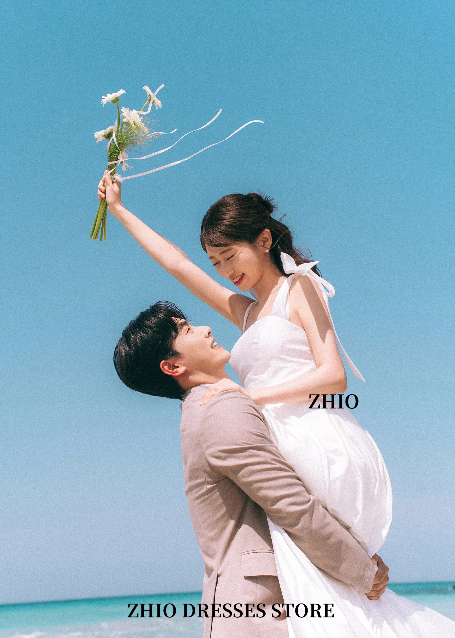 ZHIO Beach Spaghetti Korean Wedding Outdoor Wedding Dress Sleeveless Backless Satin Floor Wedding Photo Shoot Customized 제주 섬