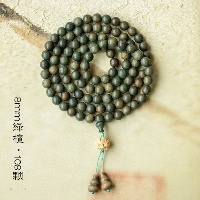 Natural Green Sandalwood Beads Necklace Men Women Buddhist 108 Beads Meditation Prayer Malas Rosary Fragrant Bracelet 6/8/10mm