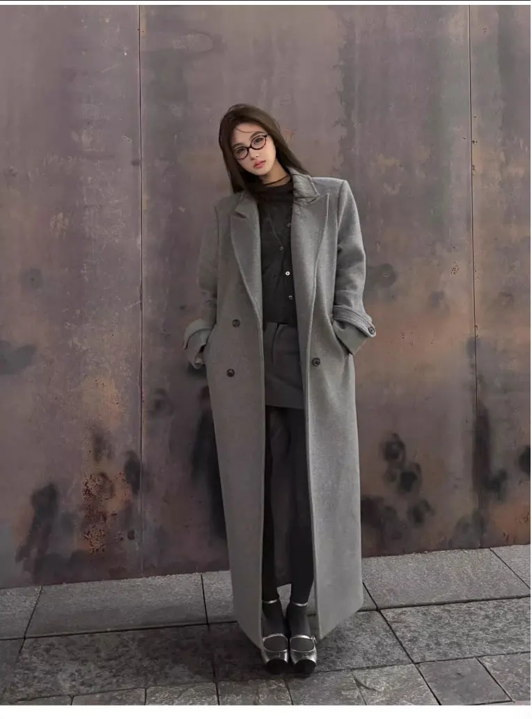 

Winter Faion Women's Loose Suit Collar Woolen Coat Long Pure Color Ele Tweed Dring Meat Concealing Outerwear