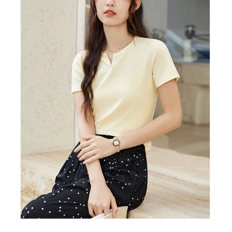 Women Notch V Neck Solid Short Sleeve T Shirt Slim Fit Basic Daily Top