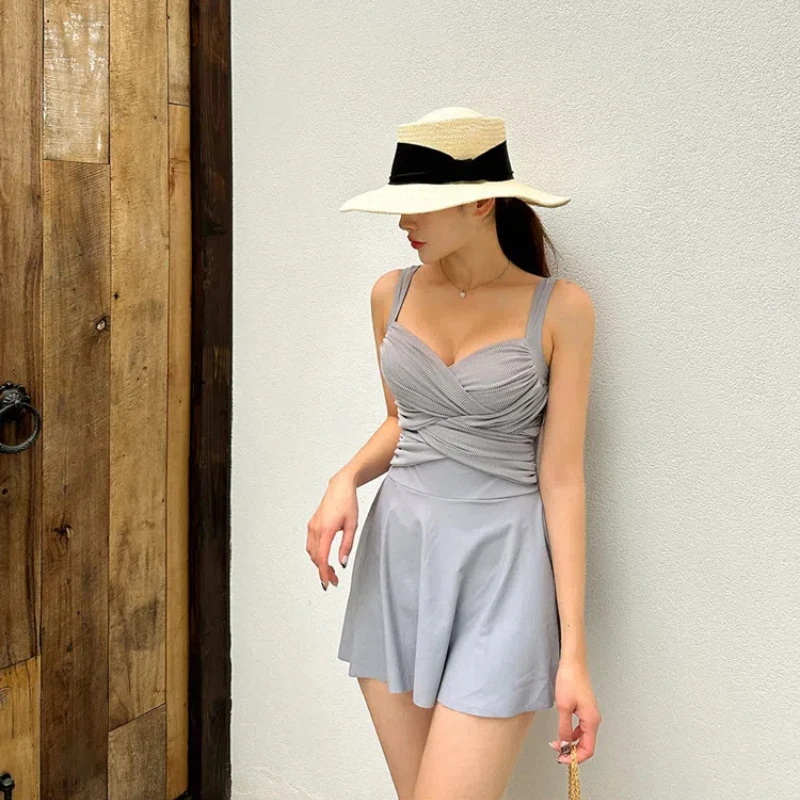 Korean Style One Piece Swimsuit Dress Women Push Up Swimwear Padded Bathing Suit Monokini Beachwear Cross Wrap Bodysuit Gray