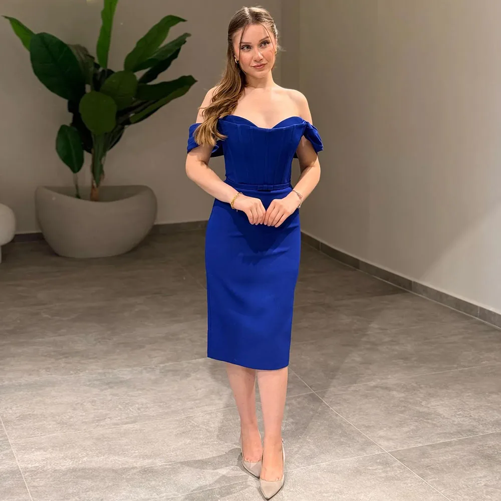 

Vanessa Royal Blue Short Evening Dresses Customized Women Off the Shoulder Tea Length Prom Dress Sweetheart Sheath Party Gowns