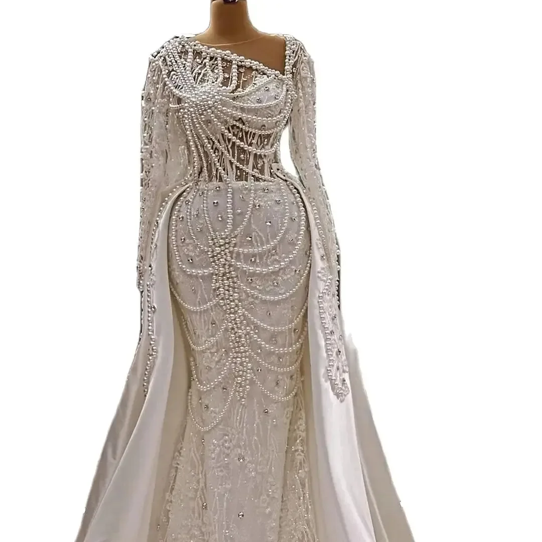 Customized Sparkly  Heavy Pearls Beads Wedding Dress Robes De Mariee Long Sleeves Luxury Detachable Train  Bridal Gowns