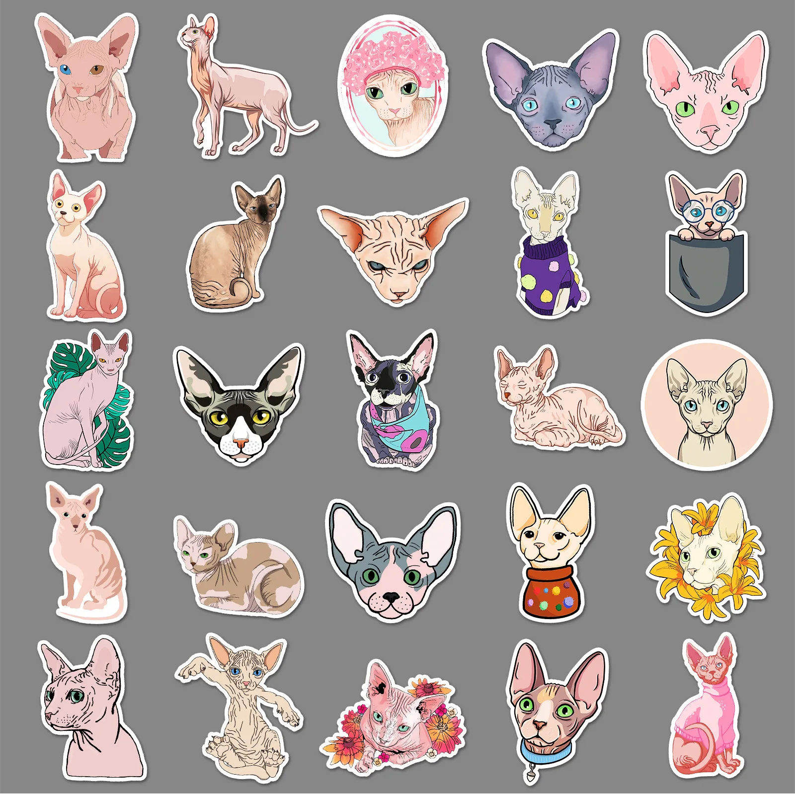 10/30/50pcs Funny Hairless Cat Cute Cat Cartoon Animal Stickers Creative Laptop Phone Diy Helmet Water Cup Decorative Stickers