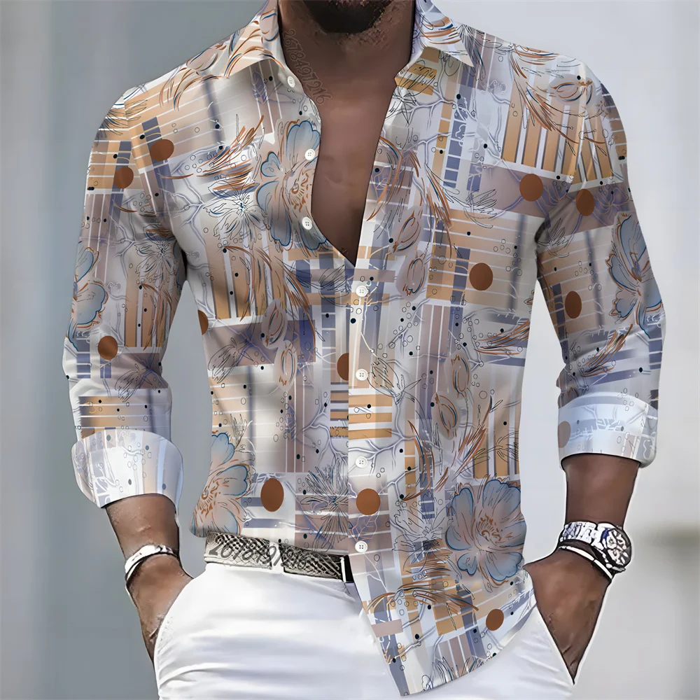 Summer Lightweight Men's Printed Long-Sleeved Shirt, Retro Floral Plaid Color-Blocked Casual Shirt, Hawaiian Vacation Style Top.
