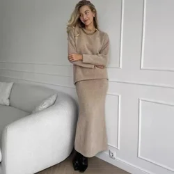 Elegant Vintage Women Knitted 2 Pieces Sets Casual O Neck Long Sleeve Sweater Midi Dress Knit TrackSuit Autumn Female Skirts Set