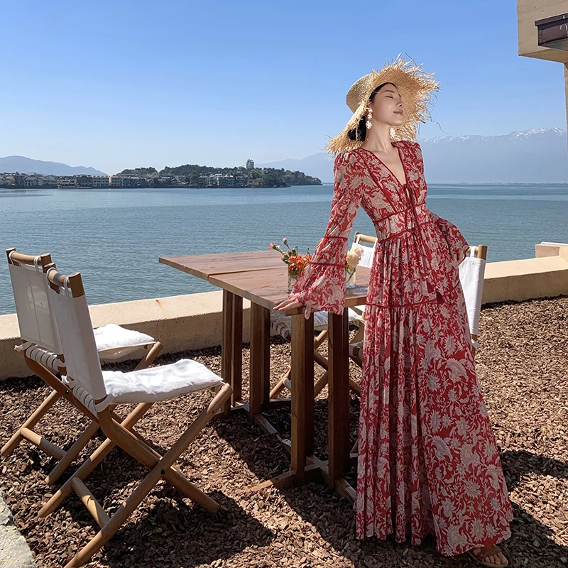 Retro rosso stampa floreale V-ne Dr vacanza da donna lanterna che attenta la vita Sve Long Dr Yunnan Prairie etnico Sle