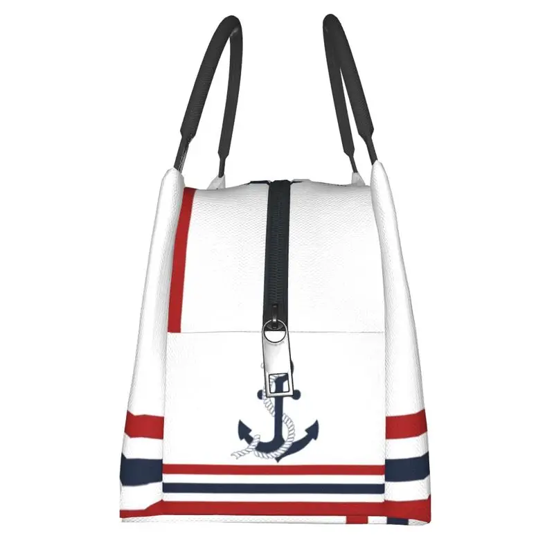 Custom Nautical Blue Anchors With Stripes Insulated Lunch Bag Office Sailing Sailor Portable Thermal Cooler Lunch Box Women