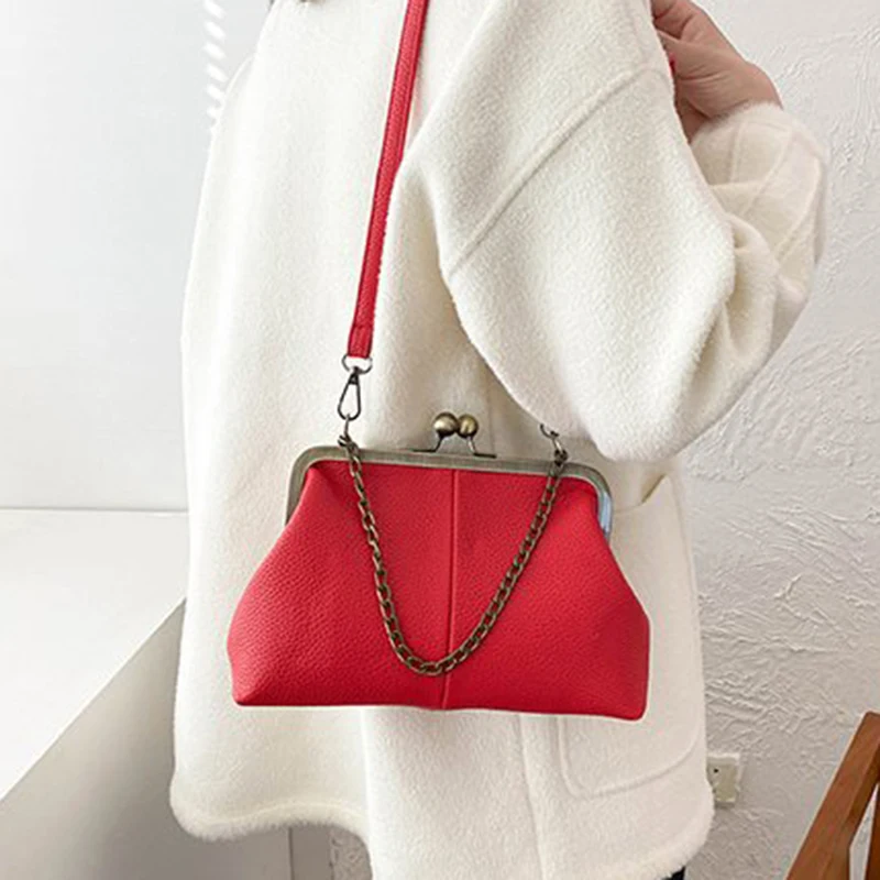 Vintage Soft Skin Shell Tasche Neue Lychee Muster Handtasche Einfache und vielseitige Umhängetasche Clip Kette Umhängetasche Damen Tasche – Detail 5