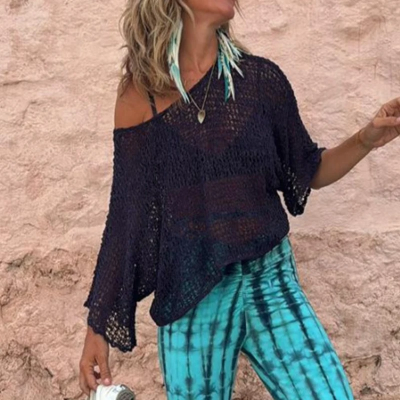 

Sexy Hollow Out 3/4 Sleeve Beach Tees Women Casual Solid Color Sunscreen Cover Up Blouses Spring Summer O-neck Loose Knitted Top