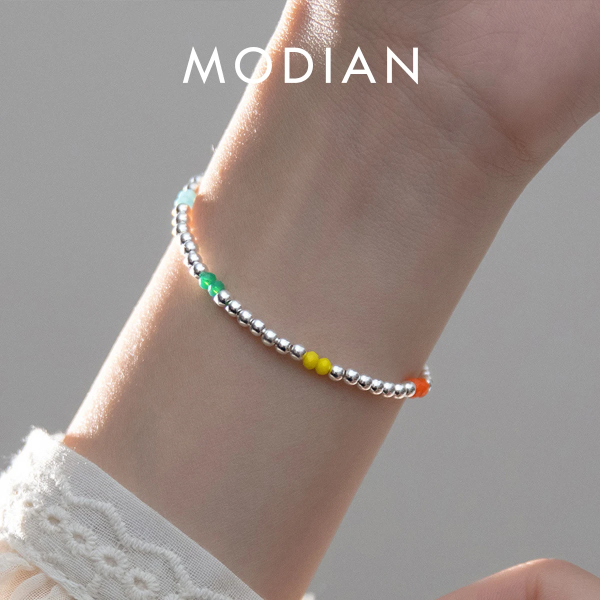 

MODIAN 925 Sterling Silver Colorful Crystal Beads Simple Bracelets Simple Basic Style Stackable Link Chain Jewelry For Women