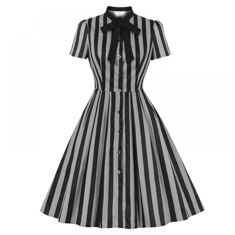 

1950-е годы, белые и черные полоски, хлопковые платья в стиле рокабилли с бантом для женщин, однобортное длинное платье с карманами, винтажный халат
