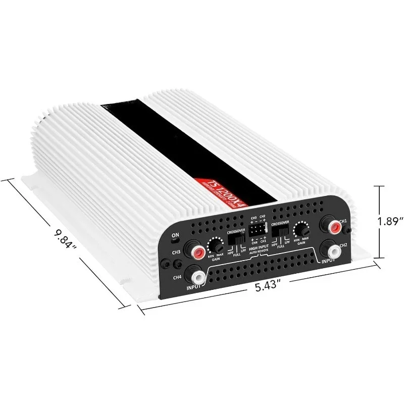 TS 1200x4 Amplifier Car Audio 1200W RMS 2 Ohms 4 Channels 2 Bridged Channels, Full Range Crossover Fixed RCA/Wire Input