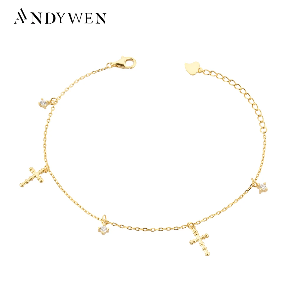 

ANDYWEN New 925 Sterling Silver Gold Cross Pendant Bracelet Chain Bangle Crystal Luxury Jewelry Fine Jewelry Gift Jewels