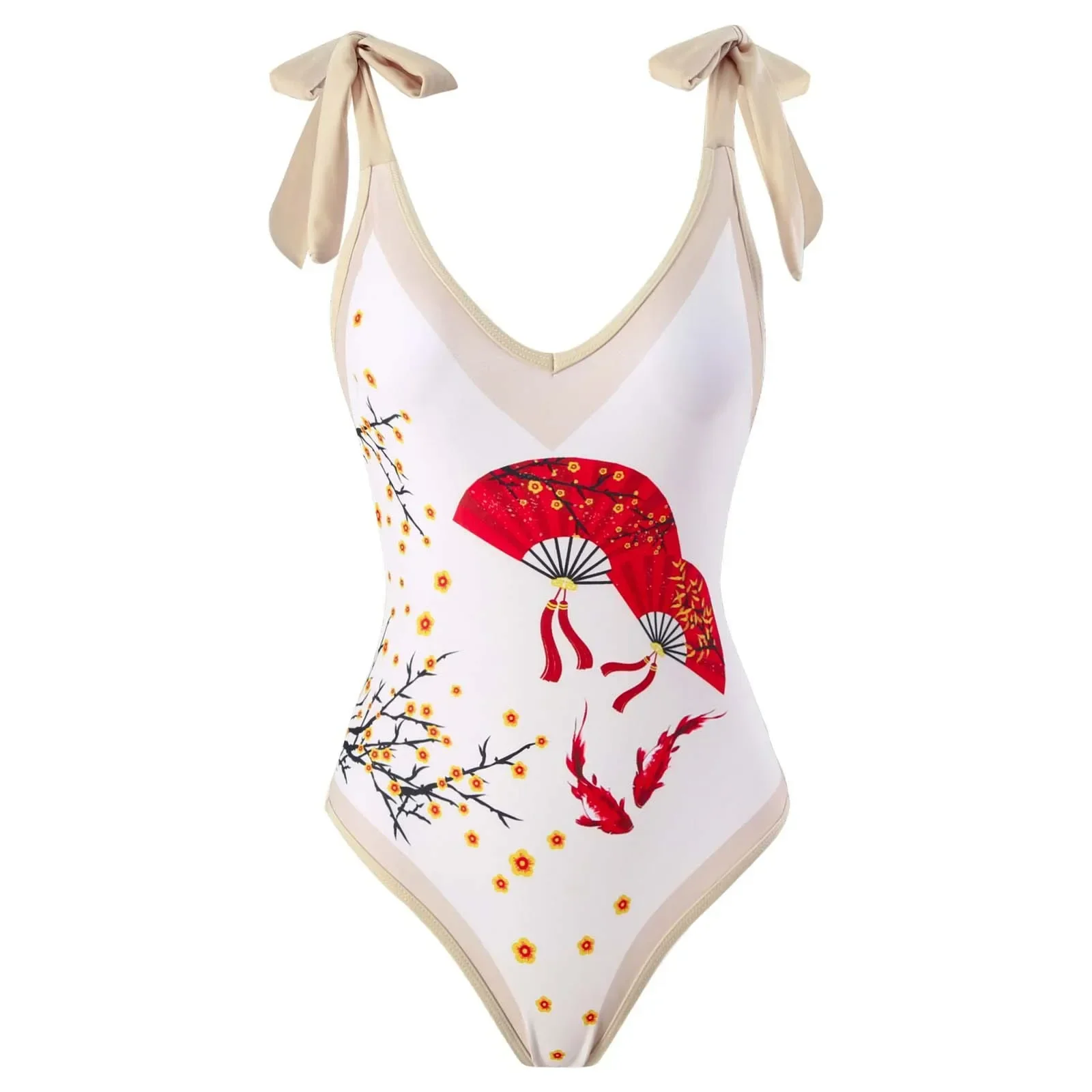 Chinese Style Swimsuit Women 2024 High Waist Skirt Bikini Two Piece V-Neck Monokini Bathing Suit Red Carp Red Fan Print Swimwear