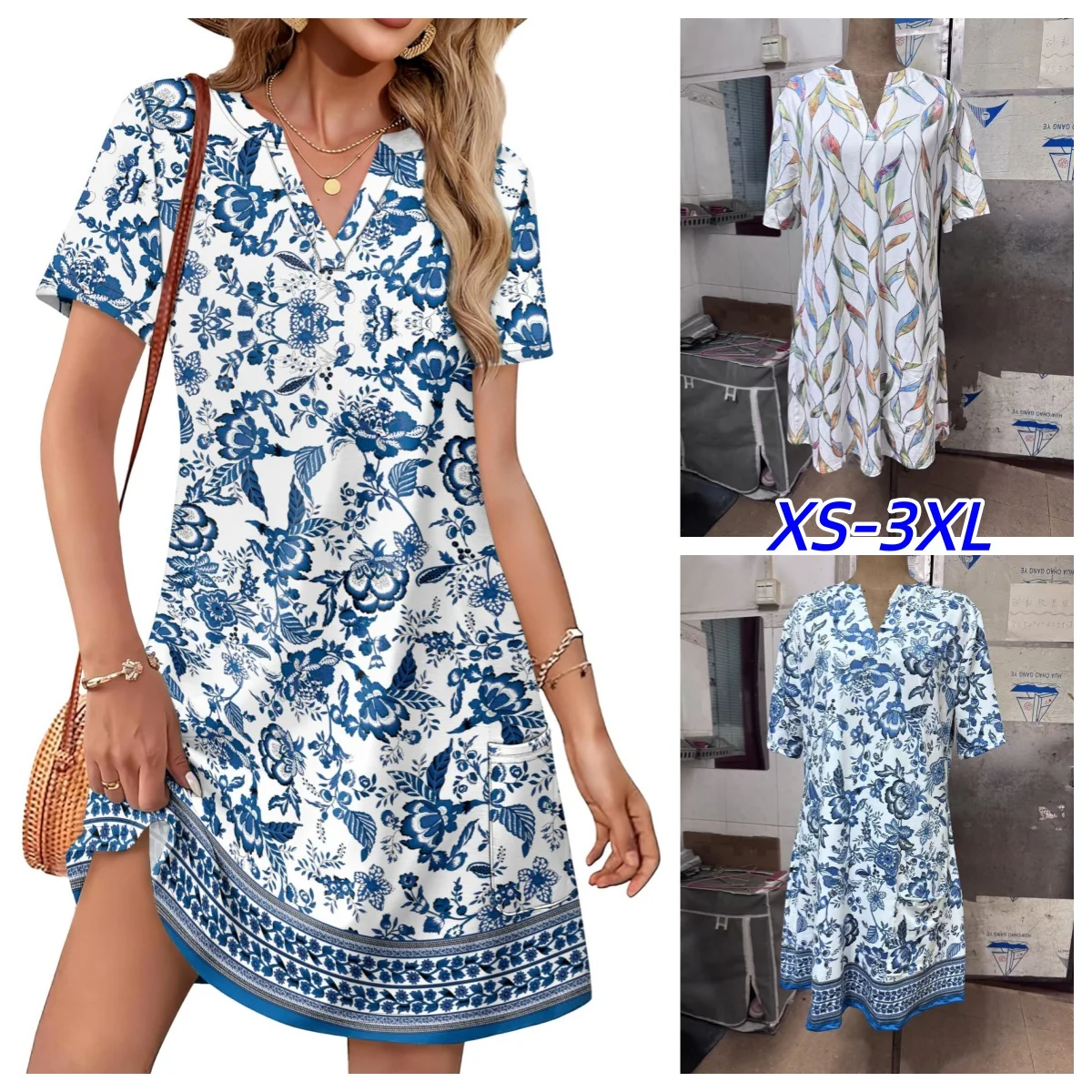 Fashionable Casual Beach Style Women's V-Neck Midi Length Polyester Geometric Patterned Short Sleeve Comfortable Fit Dresses