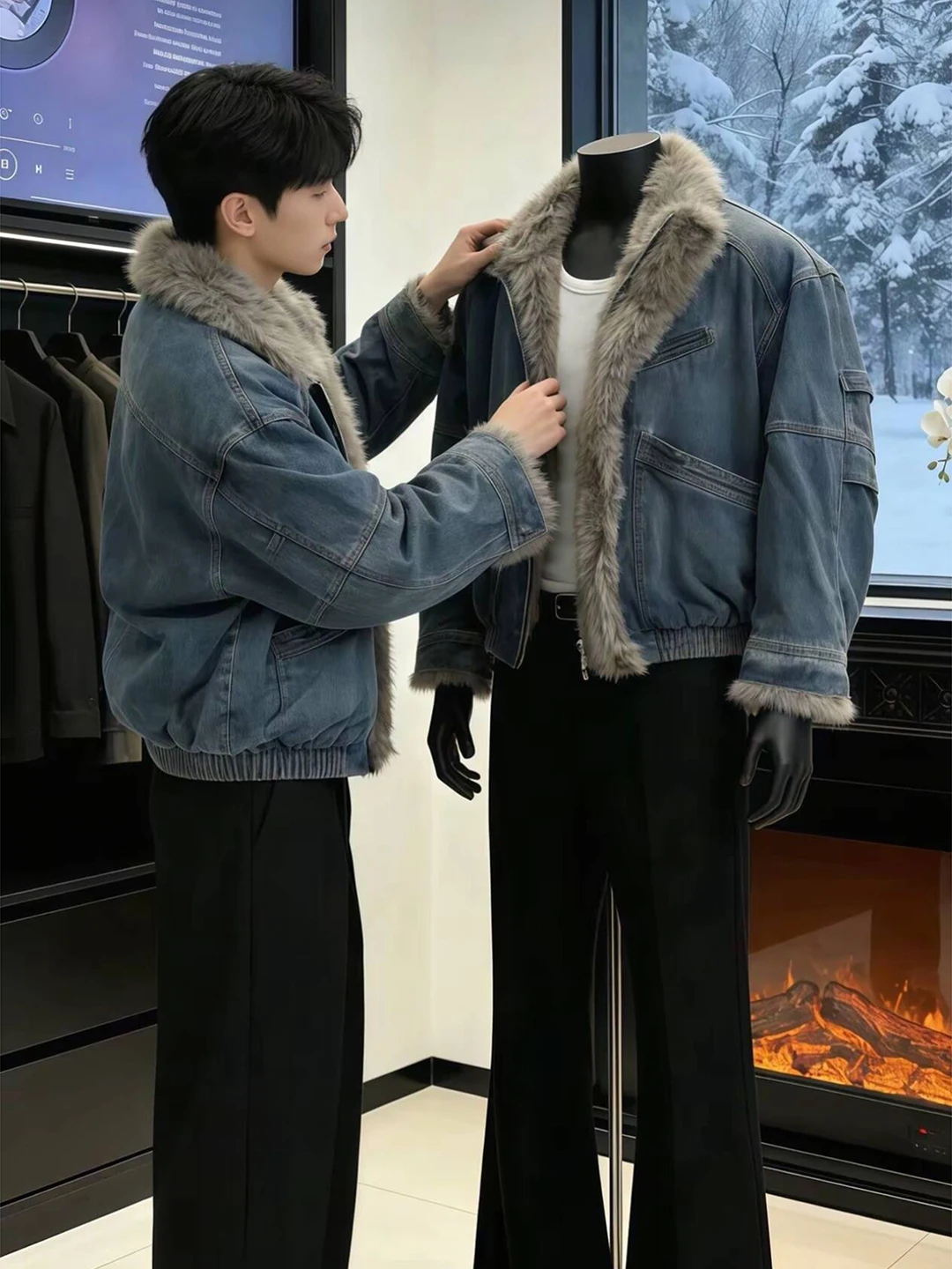 

Cleanfit Thiened Denim Cotton Jaet with Fur Collar ort Sle Men's Winter Coat American Retro Sle Youth Casual Wear