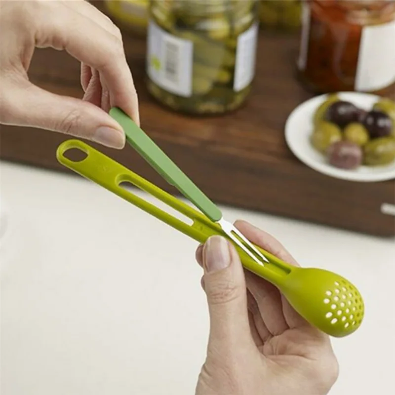 2pcs Can scoop creative kitchen 2-in-1 long handle colander fruit fork stainless steel set