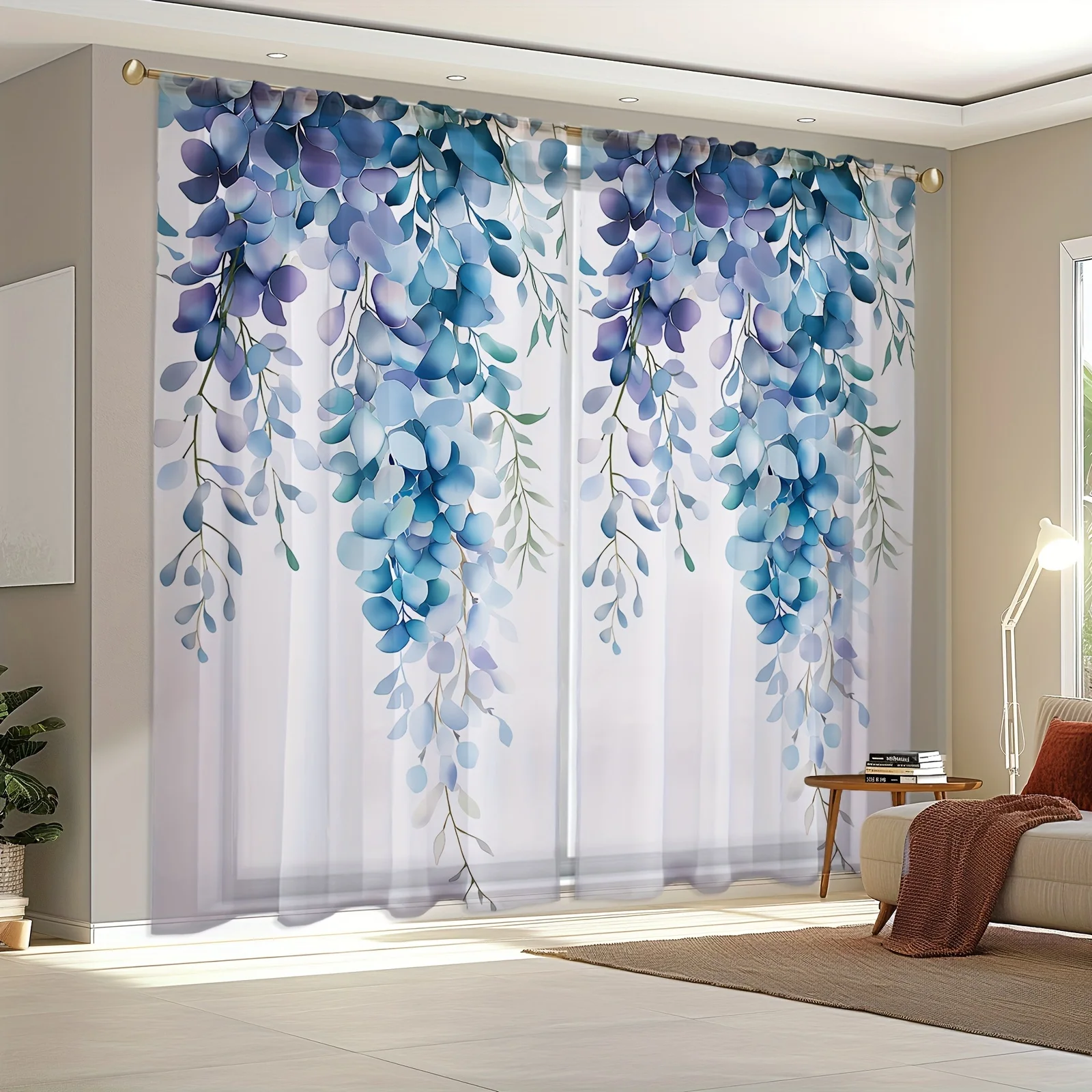 Blue Wisteria Sheer Curtains Polyester Sheer Drapes for Bedroom Living Room Balcony Watercolor Floral Vine Pattern Home Decor