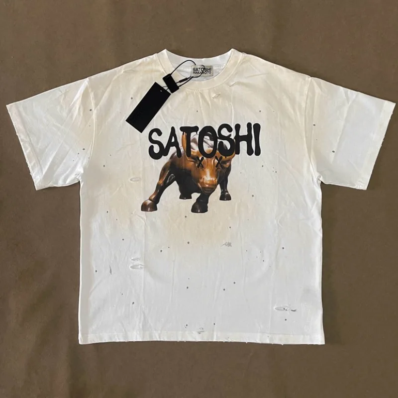 Satoshi Nakamoto American Retro Gradient Splashed Ink Letter Print Short Sleeved Men Women Casual Round Neck Edging T-shirt