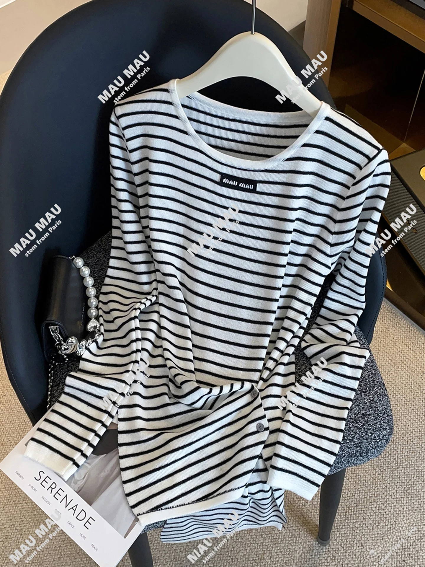 

High-End Asymmetric Striped Knit Top T-irt Women's Premium Faion Design Commute Sle Long Sve round Ne Regular Fit