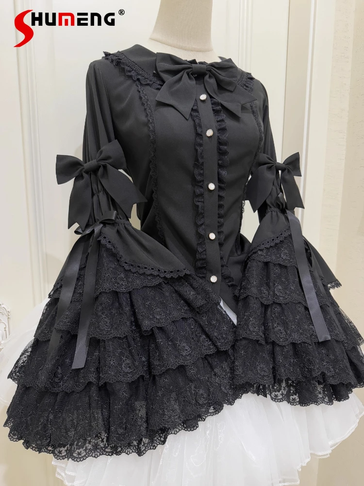

Original Elegant Retro Lolita Inner Shirt Spring Autumn Girls Women's Slim Fit Lace Long Ji Sleeve Female Heavy Industry Blouses
