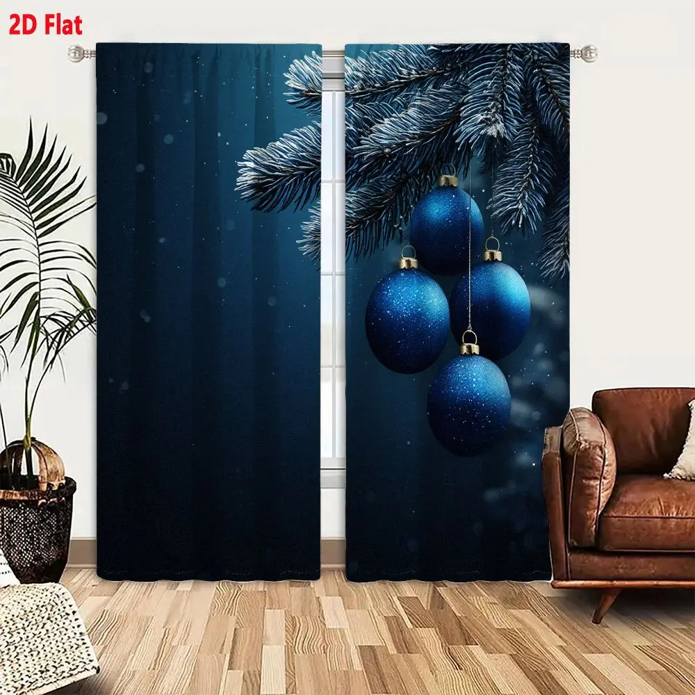 2Pcs Curtains Add 2D Flat Blue Christmas Ornaments On Snowy Pine Branch With Gold Caps And Falling Snow Window Drapes for Bedroo