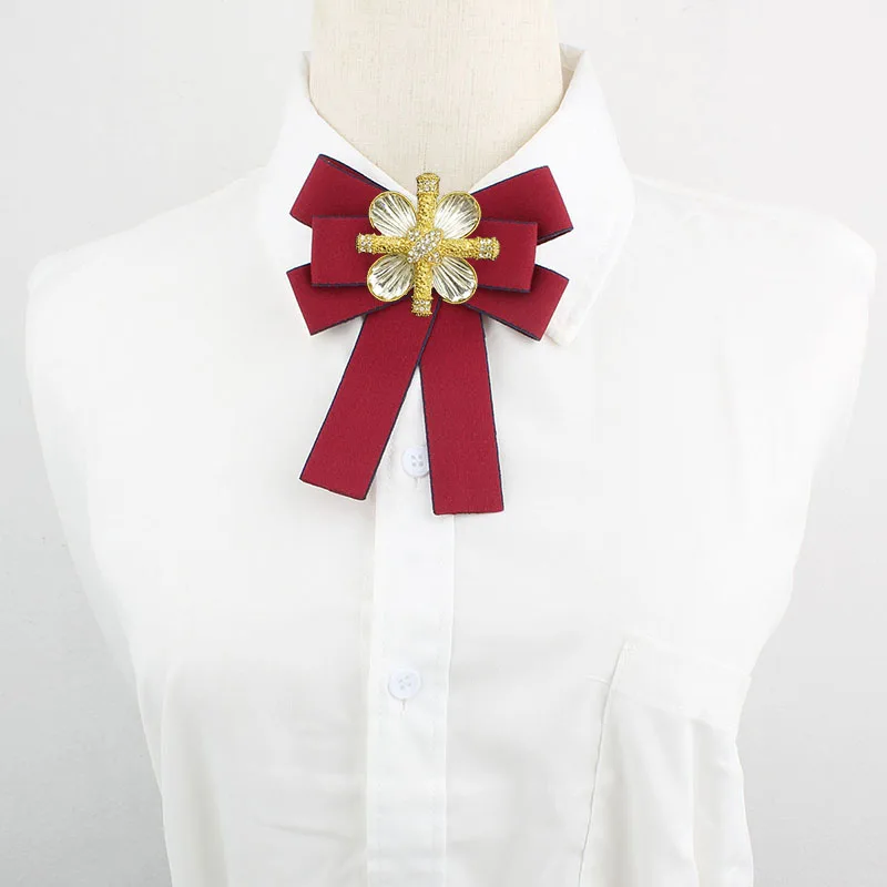 College Style Bow Ties Handmade Ribbon Rhinestone Bows Korean Women's School Uniform Shirt Accessories Collar Flowers Brooch
