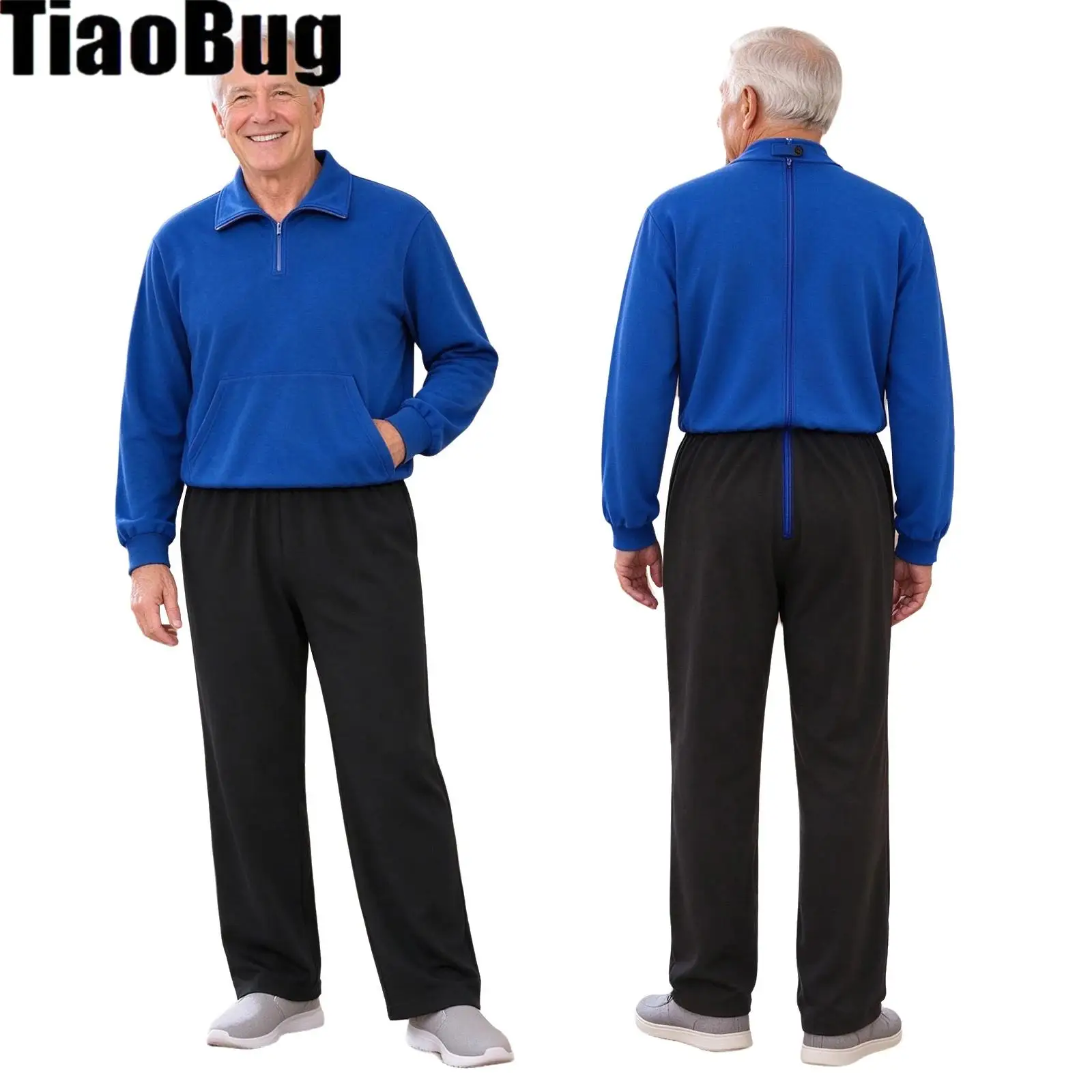 Adults Anti-strip Back-zip Jumpsuit Zip-up Collar Long Sleeve Color-blocked Adaptive Bodysuit with Pocket for Daily Life