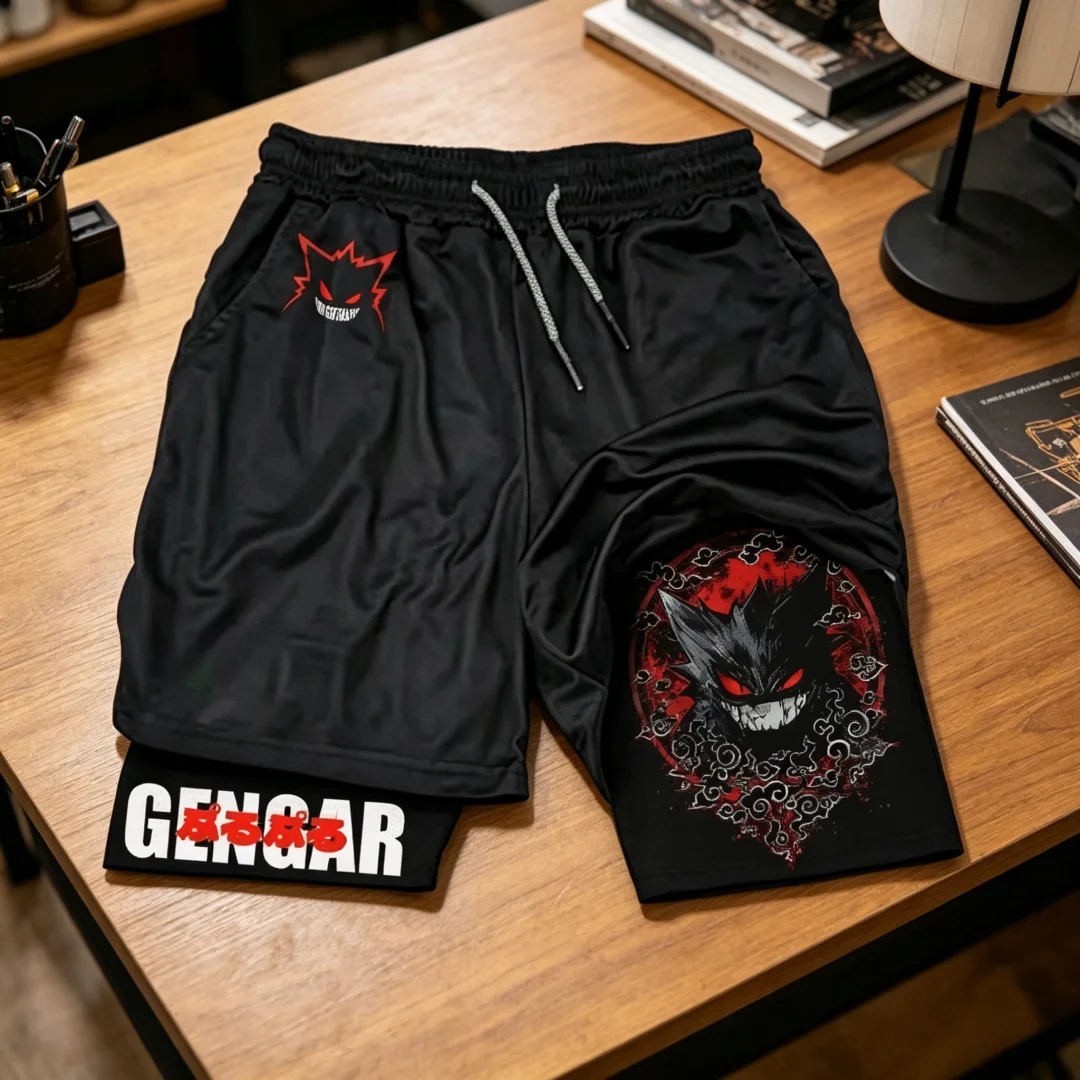 2026 Japanische Anime Pokémon Herren Sommer 2-in-1 Shorts mit Gengar-Grafik, Badehose, Herren Gym Doppeldeck-Shorts, Harajuku Sportshorts