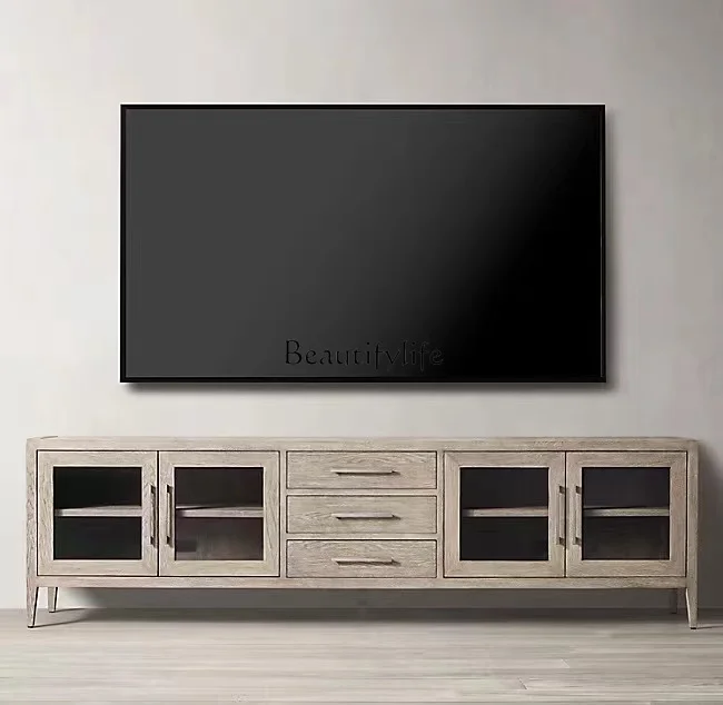

American country solid wood TV cabinet Nordic modern simple living room storage floor cabinet retro and old