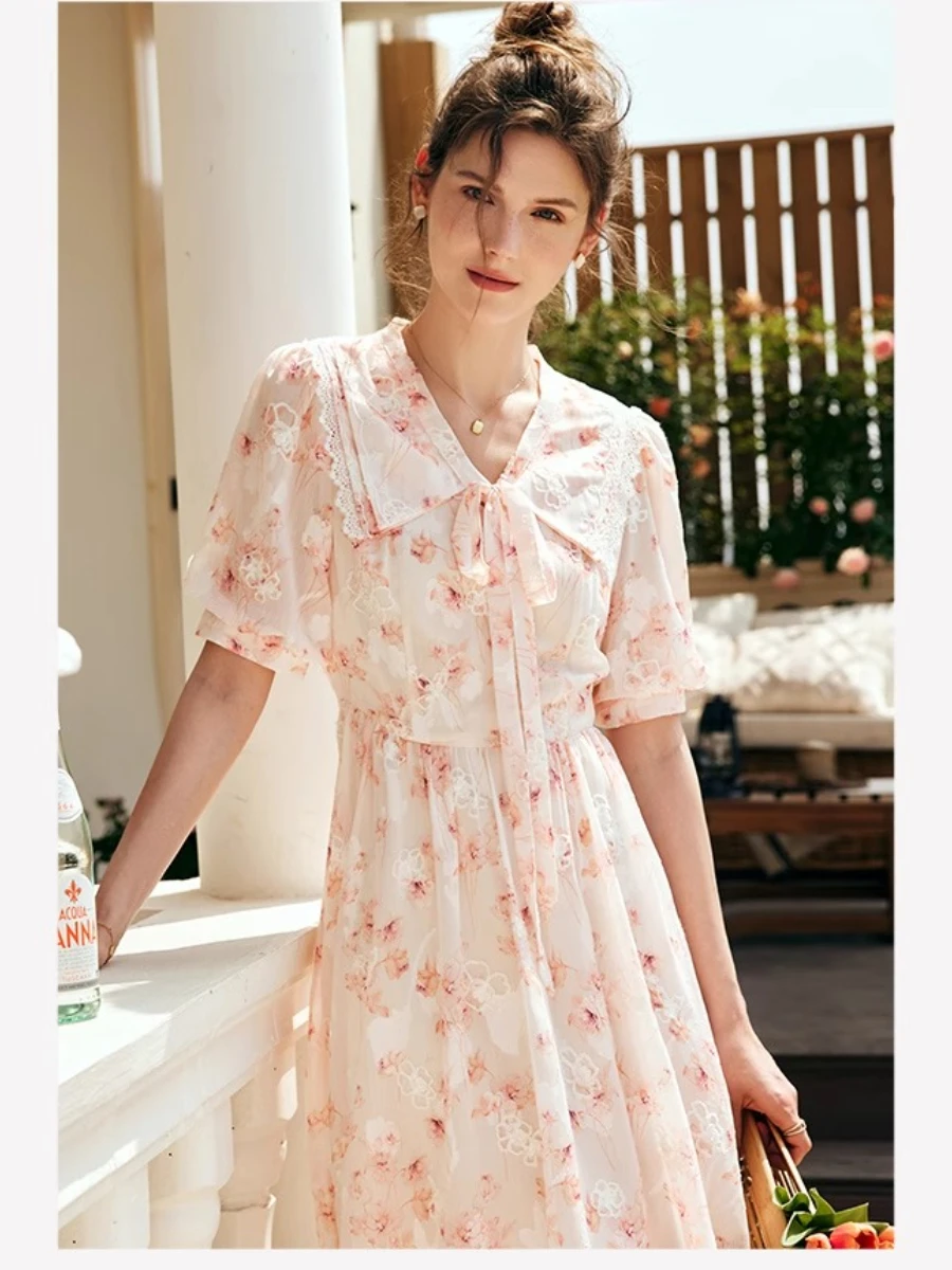 

OLrain Women Summer Dresses 2025 French Polo Neck Floral Chiffon Dress Prairie Chic Embroidery Lace Sashes Lady Dress O23XL69925