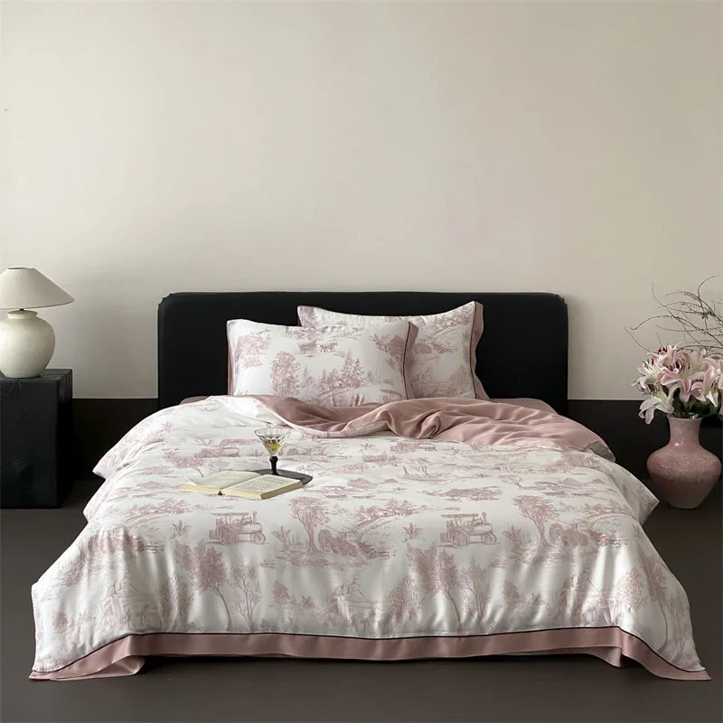 Luxury Organic Bamboo Soft Silky Printing Bedding Set Single Double Queen King Size Duvet Cover Flat/Fitted Bed Sheet Pillowcase