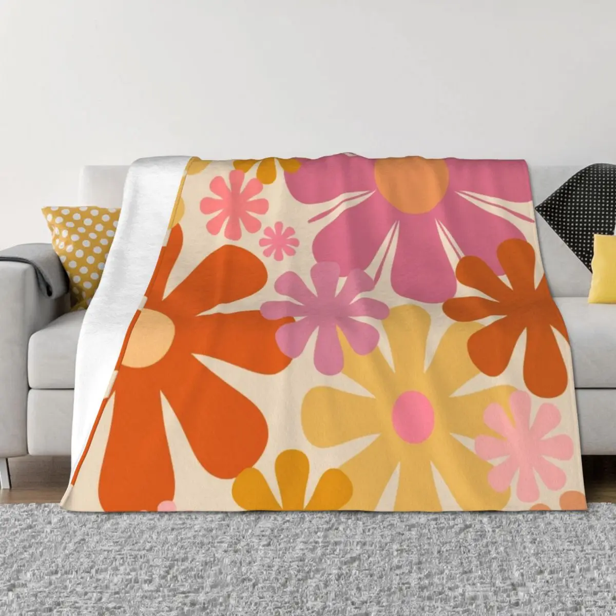 

Retro 60s 70s Flowers - Vintage Style Floral Pattern in Thulian Pink, Orange, Mustard, and Cream Throw Blanket Polar Blankets