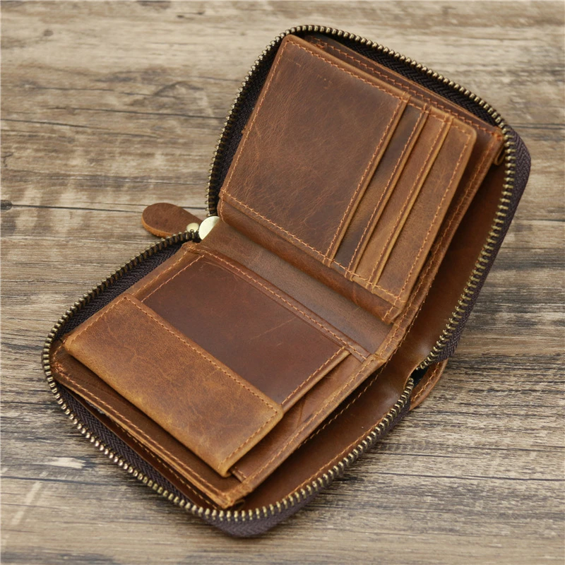 Handmade Vintage Leather Wallet Men's Fashion Multi-Card Large Capacity Short Zipper Coin Purse Top Layer Cowhide Money Clip
