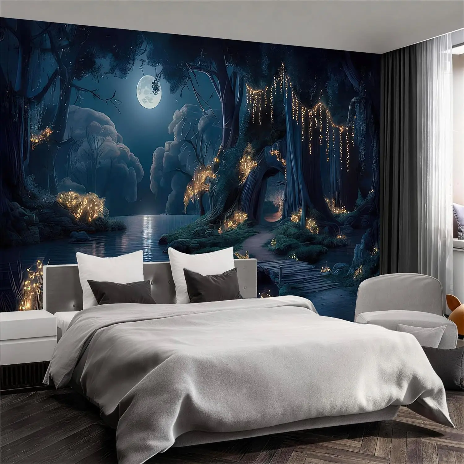 Mystical Moonlight Forest Mural Tapestry Large Wall Decor Bohemian Woodland Nature Print for Bedroom Living Room Accent Art