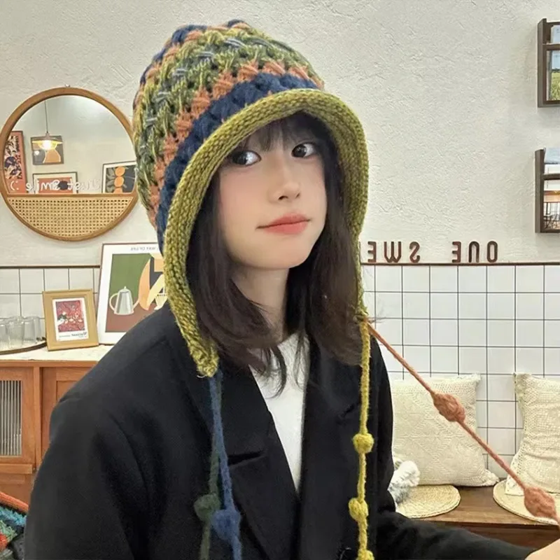 1Pc Curled Brim Wool Hat for Women, Winter Knitted Hat, Windproof Striped Rainbow Knitted Hat Tassel Ball Knitted Hat, Suitable.