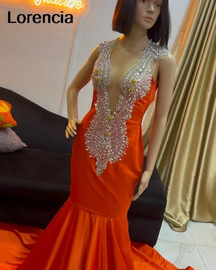 Lorencia Orange Sequined Mermaid Prom Dress For Black Girl Silver Applique Crystal Beaded Evening Special Occasion Gowns YPD137