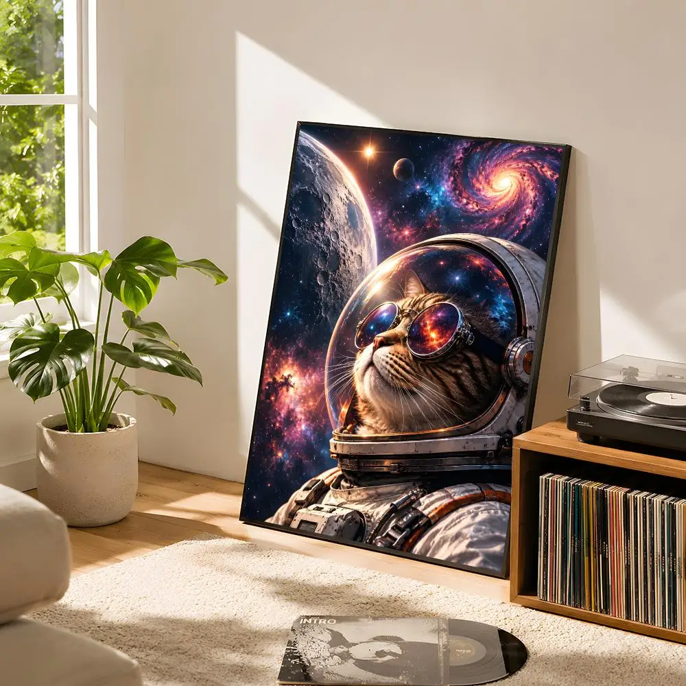 Cosmic Cat Voyage Poster Self Adhesive Matte Wall Art Removable Home Room Decoration