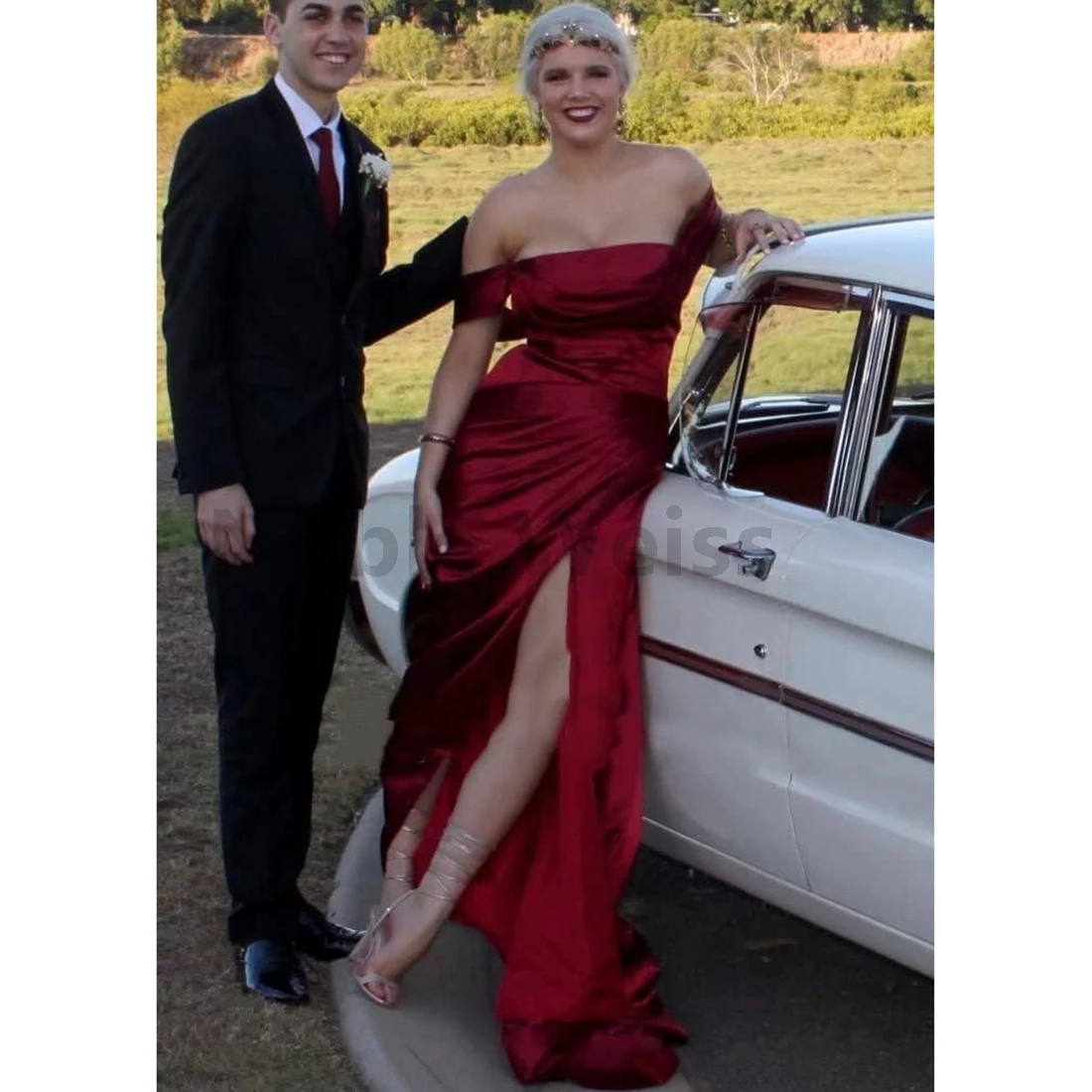 Elegant Off Shoulder Mermaid Satin Ball Gown Pleated Evening Dress Trumpet with Slit Customize