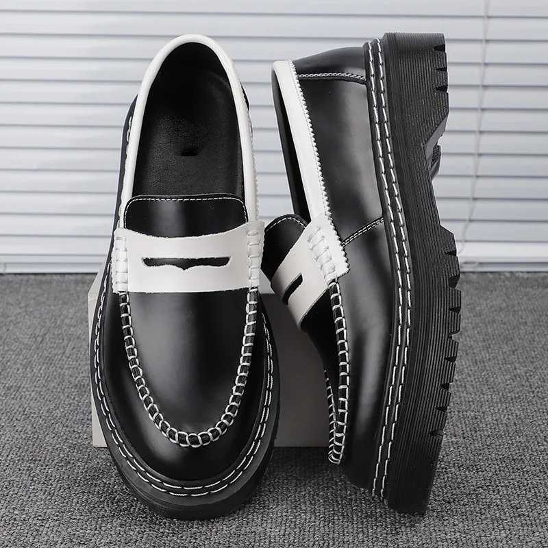 Original Design 2024 Hight Quality Genuine Leather Loafers For Men\'s Women\'s Black White Mixed Colors Height Increasing Shoes